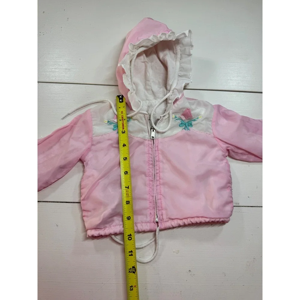 Vintage Pink Ruffle Hooded Windbreaker Jacket Floral Embroidery Baby Toddler